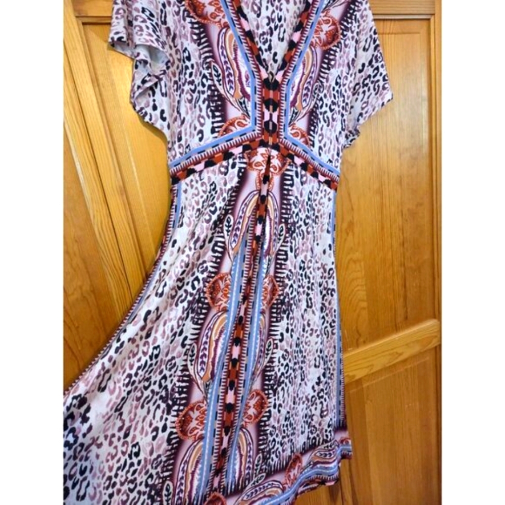 Hale Bob Pink Leopard Print with Blue and Orange Accents Midi Dress
